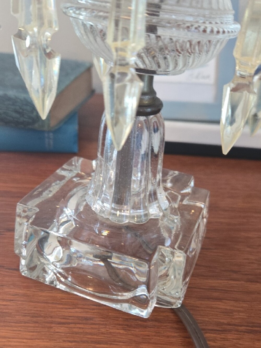 1930s Clear Crystal Glass Budoir  Lamps with Hanging Prisms - Pair - Picture 5 of 7